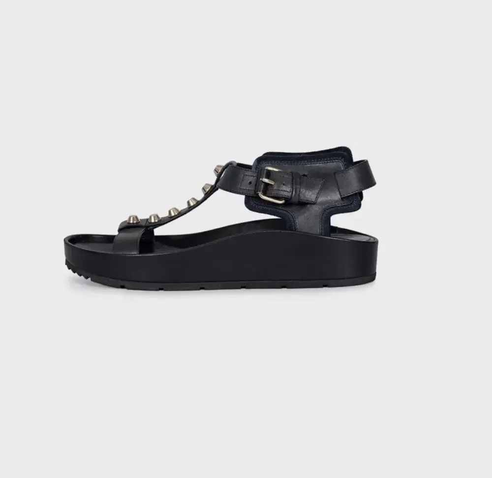 Balenciaga Black Leather Silver-Tone Sandals, EU 38
